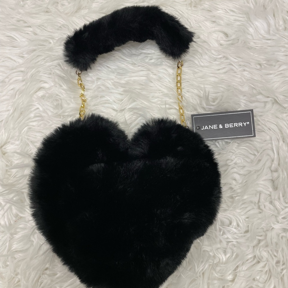 Black Faux Fur Heart Bag